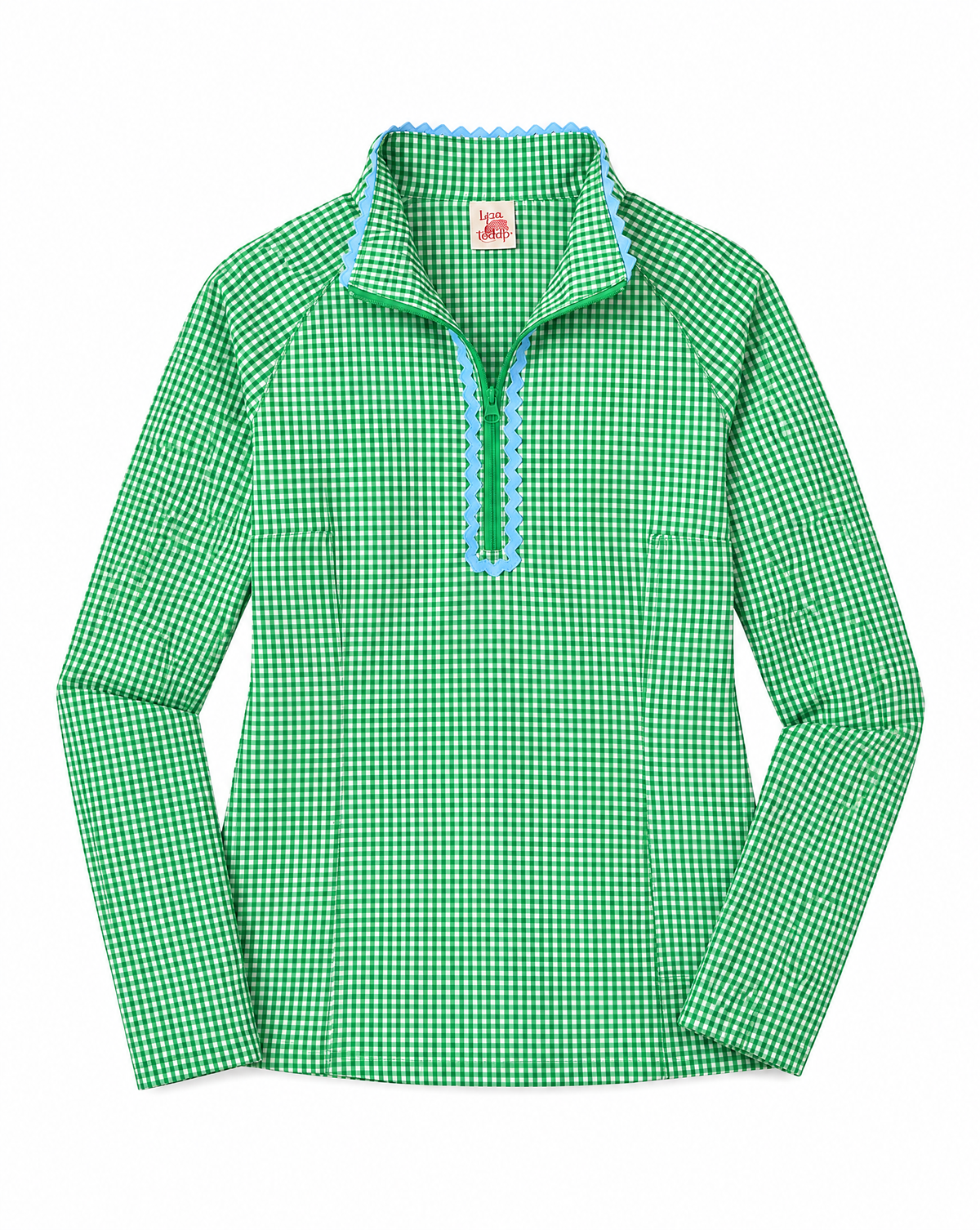 Green and white gingham long sleeve top with light blue ruffle trip on flat white background