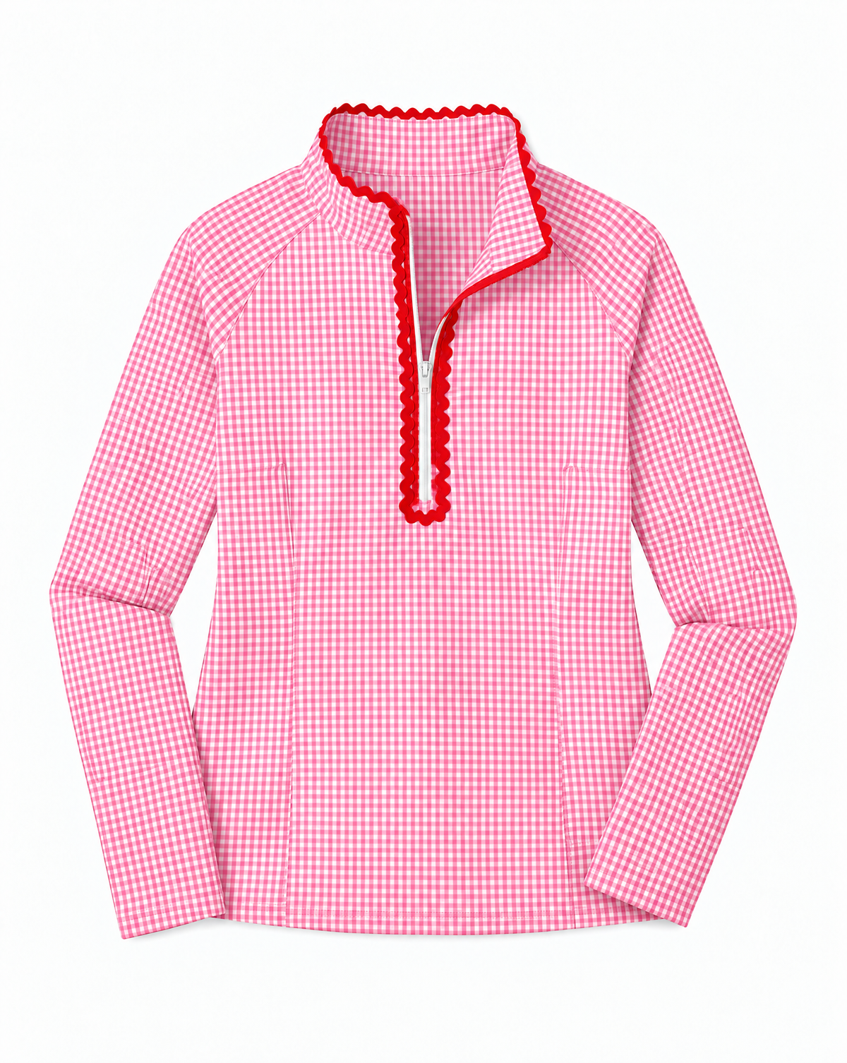 Pink and white gingham long sleeve top with red ruffle trip on flat white background