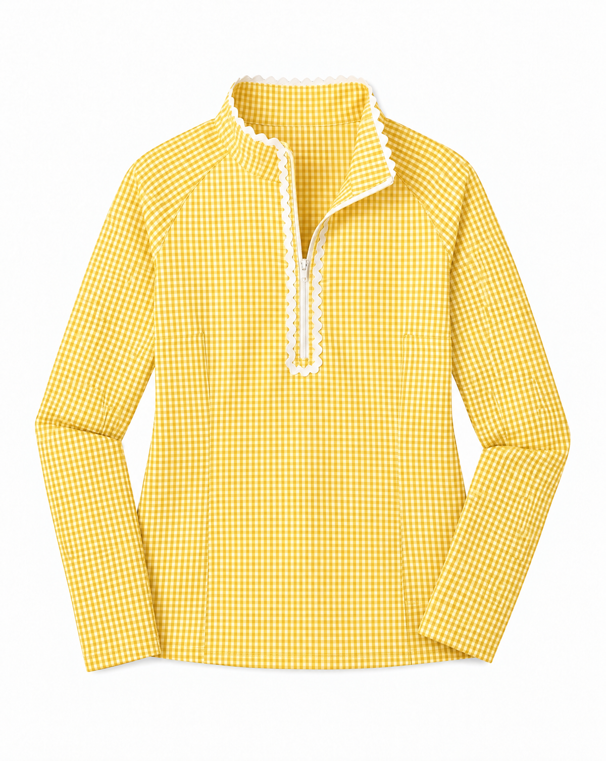 Yellow and white gingham long sleeve top with white ruffle trip on flat white background