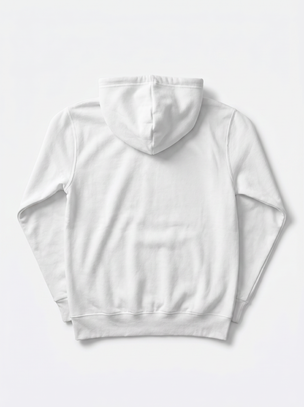 A plain white pullover hoodie shown from the back, laid flat against a light gray background.