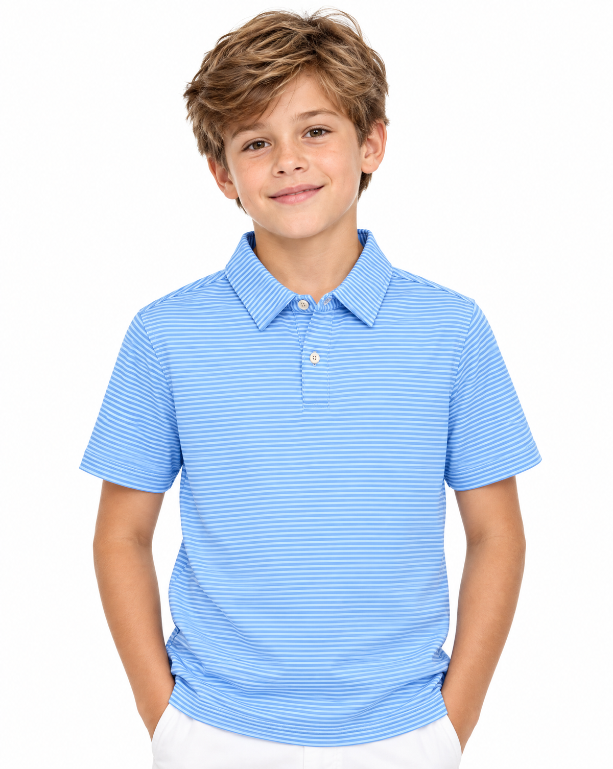 A young boy with light brown hair wearing a light blue and white striped short-sleeve polo shirt, paired with white pants, standing against a solid white background.