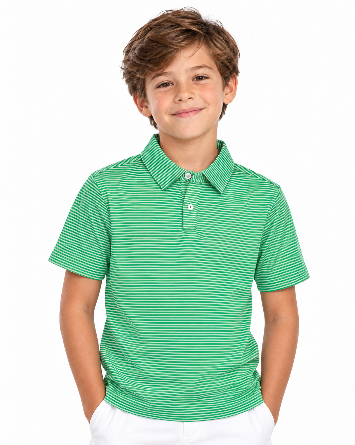 A young boy with brown hair smiling, wearing a green short-sleeve polo shirt with thin white horizontal stripes and white pants, set against a plain white background.