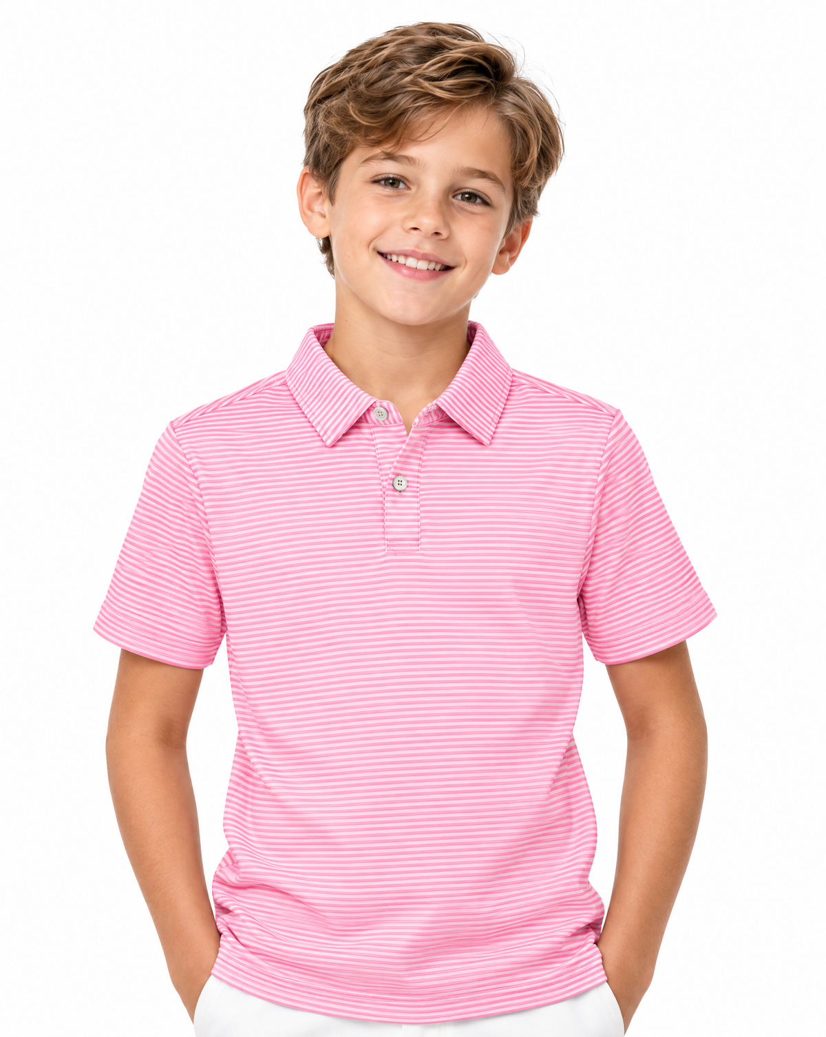 A young boy smiling and wearing a pink short-sleeve polo shirt with thin white horizontal stripes, paired with white pants, against a solid white background.