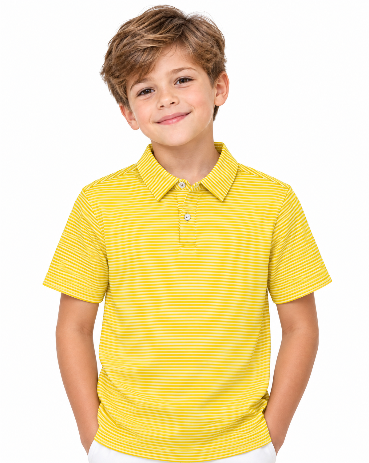 A young boy with light brown hair smiling, wearing a yellow short-sleeve polo shirt with thin white horizontal stripes, photographed against a solid white background.