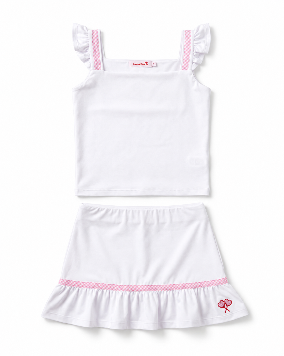 A two-piece children's outfit set consisting of a white sleeveless top with ruffled shoulder straps and a matching white ruffled skirt, both featuring pink patterned trim details.
