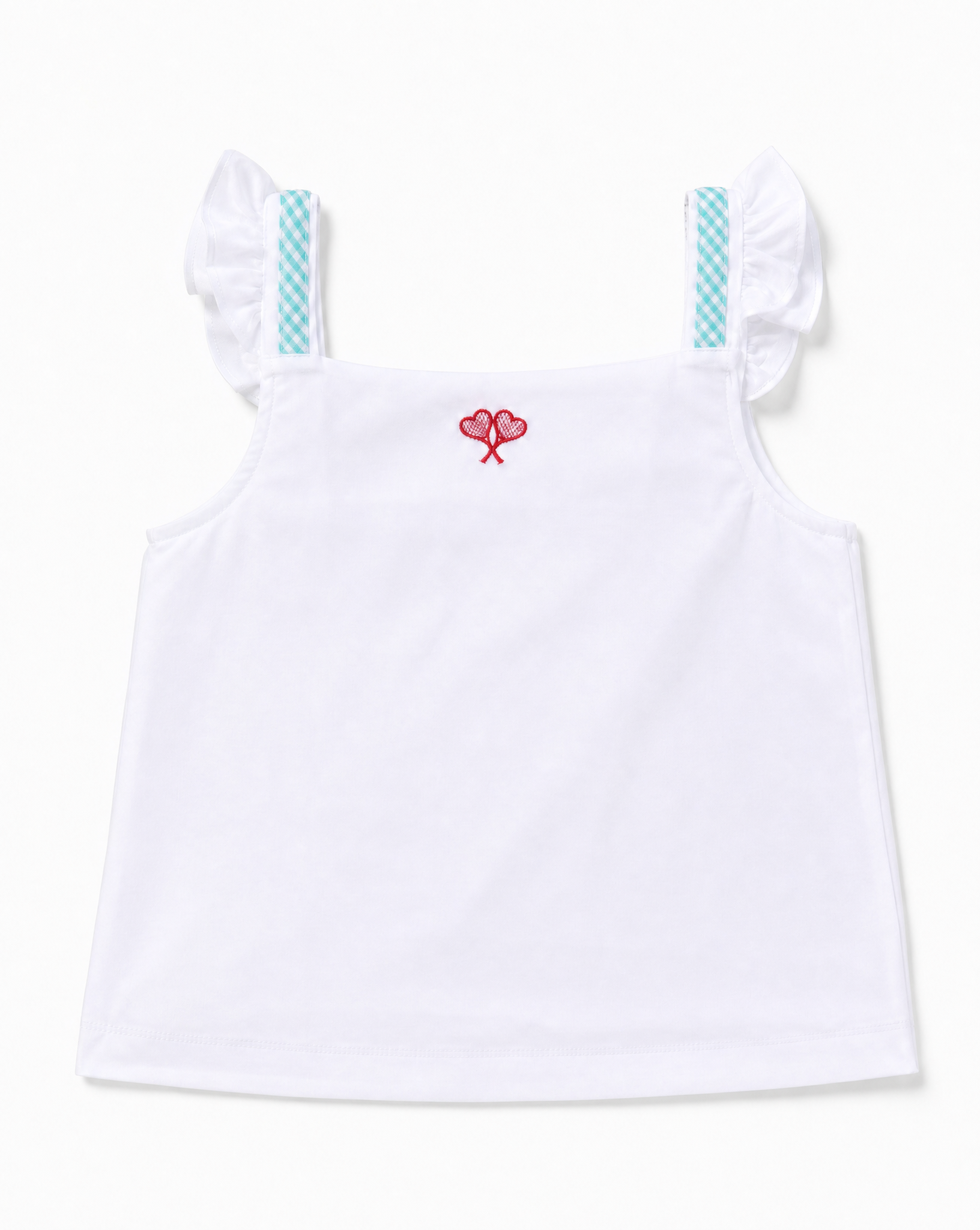 A white sleeveless children's top with ruffled shoulder straps featuring a light blue and white checkered pattern, and a small red embroidered motif at the center of the chest.