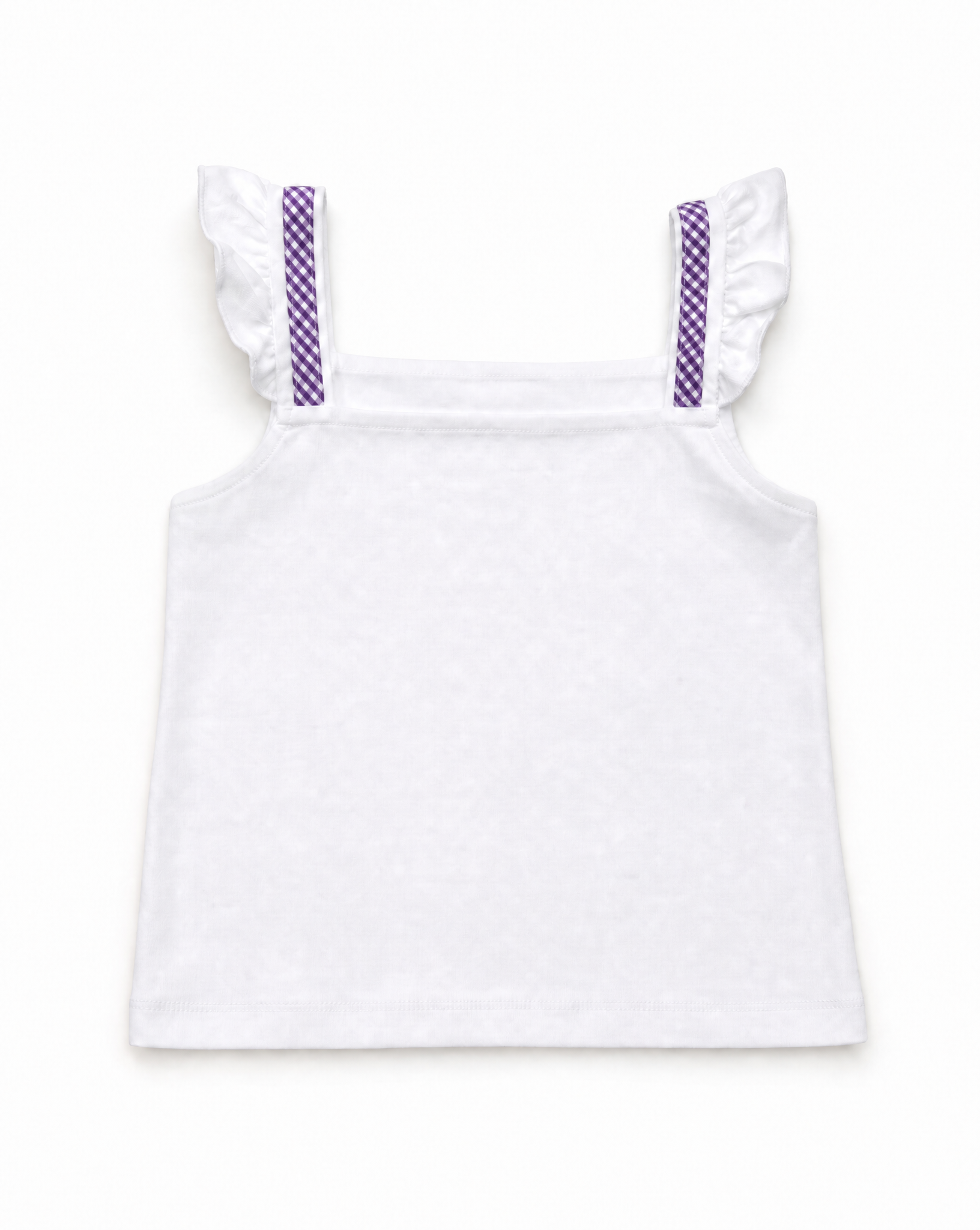 A white sleeveless children's top with ruffled shoulder straps and purple patterned strap details, shown flat against a white background.