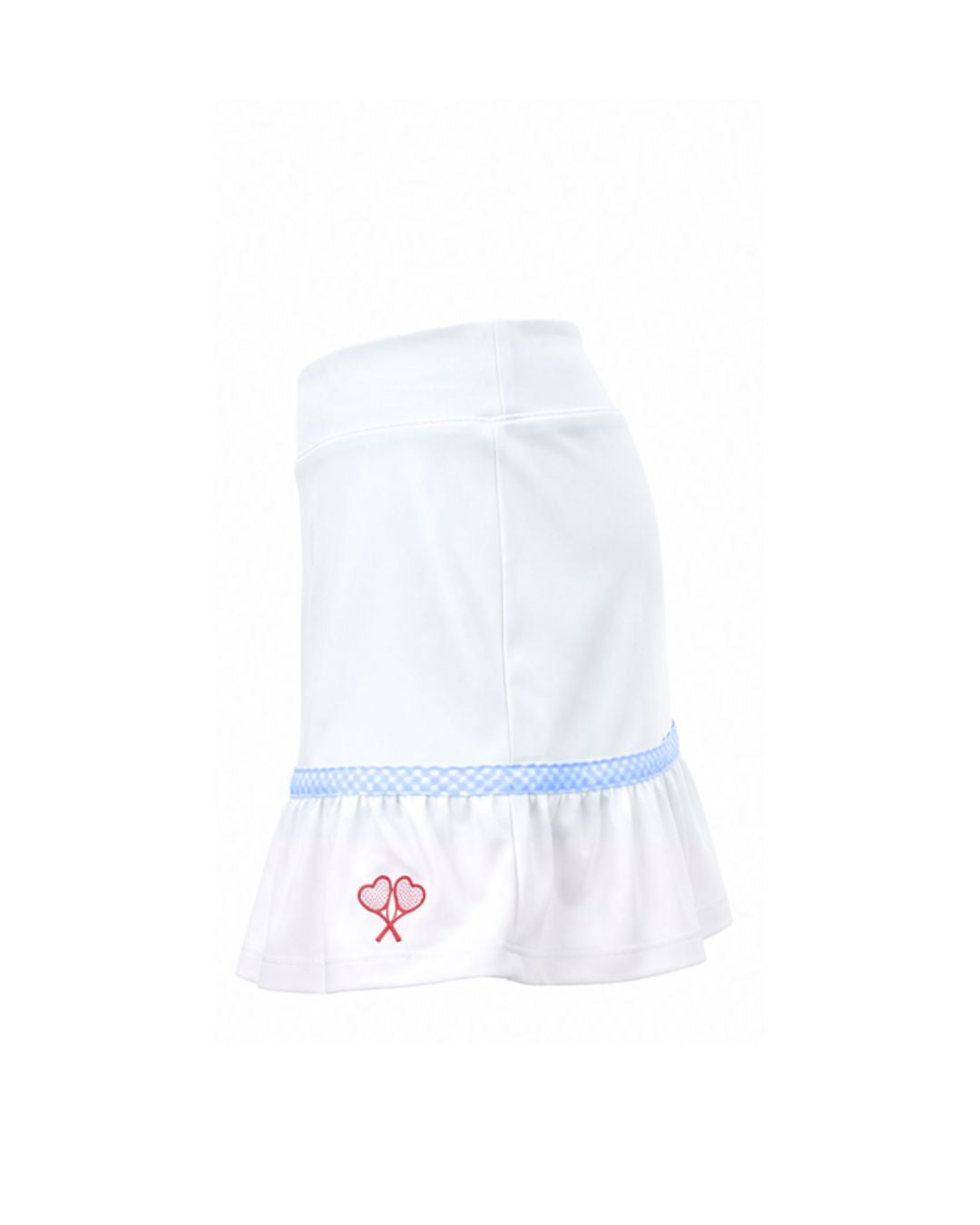 White skirt with blue trim and red heart design on a white background