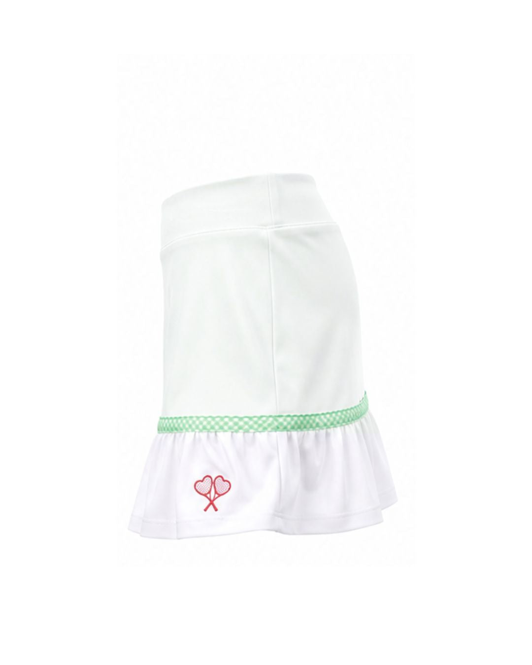 White skirt with green trim and red logo on a white background