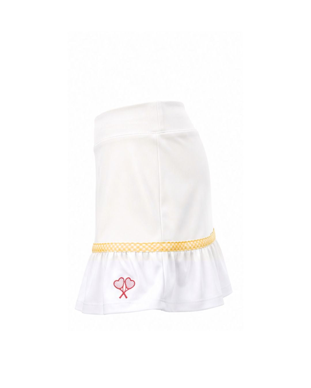 White skirt with yellow trim and red heart design on a white background