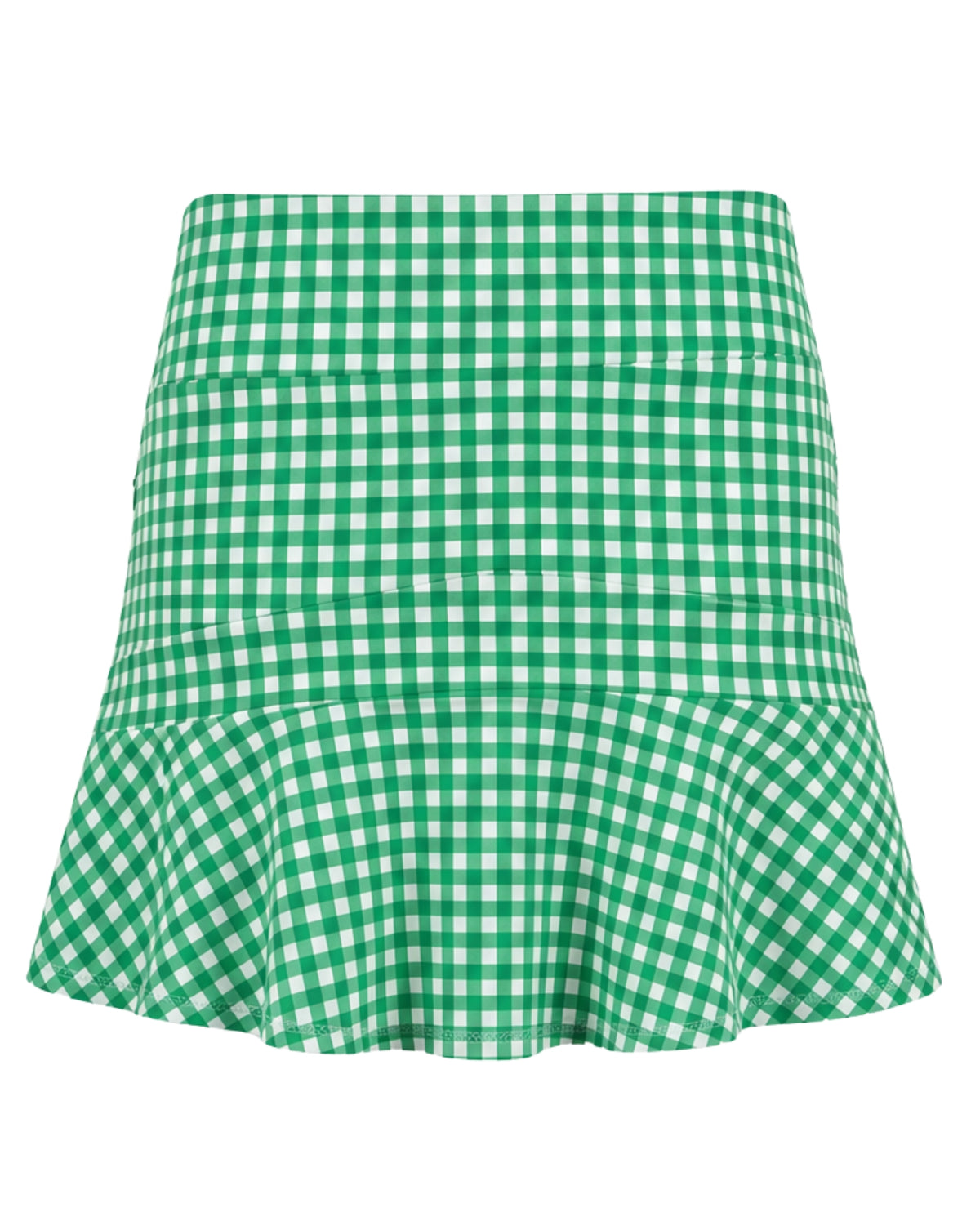Green and white gingham check mini skirt with a flared ruffled hem, shown against a plain white background.