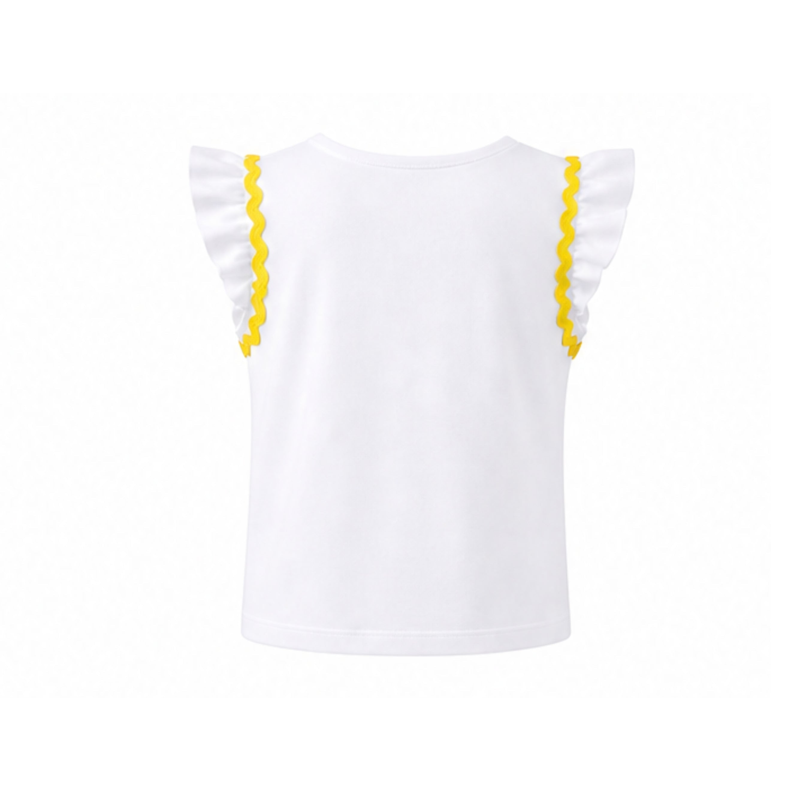 White top with yellow trim on a white background