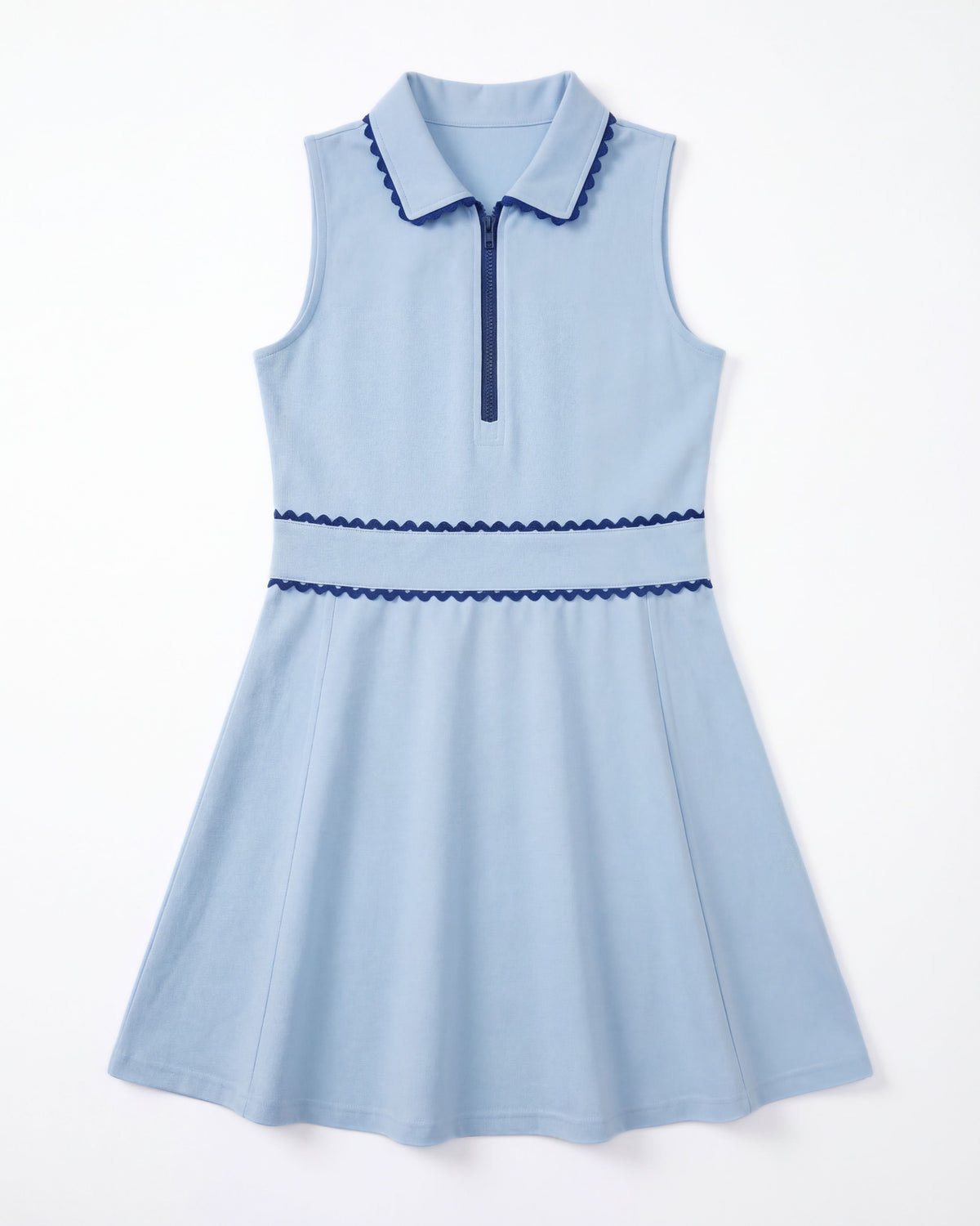 Light blue dress with dark blue trim on a white background