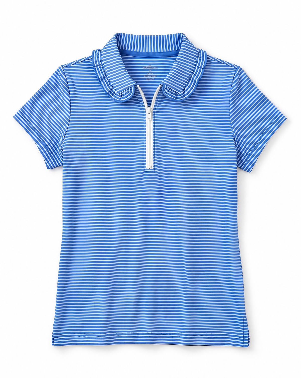 A short-sleeve polo shirt with a half-zip collar, featuring horizontal blue and white stripes, displayed on a clean white background.