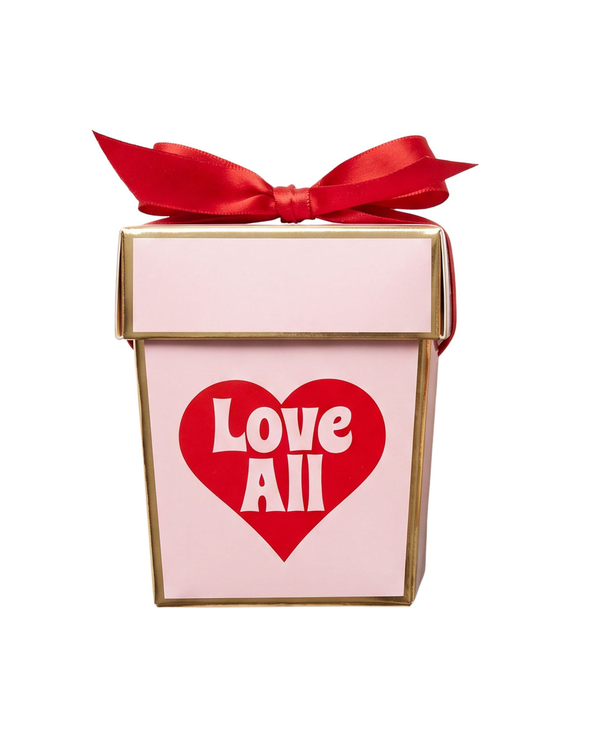 A pink gift box with gold trim, tied with a red ribbon, featuring a red heart graphic with the white text 'Love All' on the front, isolated on a white background.