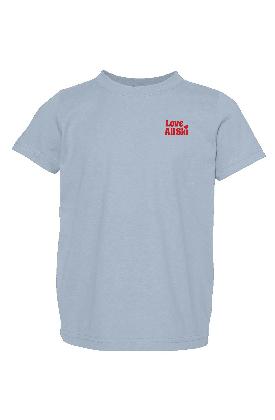 Light blue t-shirt with 'Love All Ski' text in red on a white background