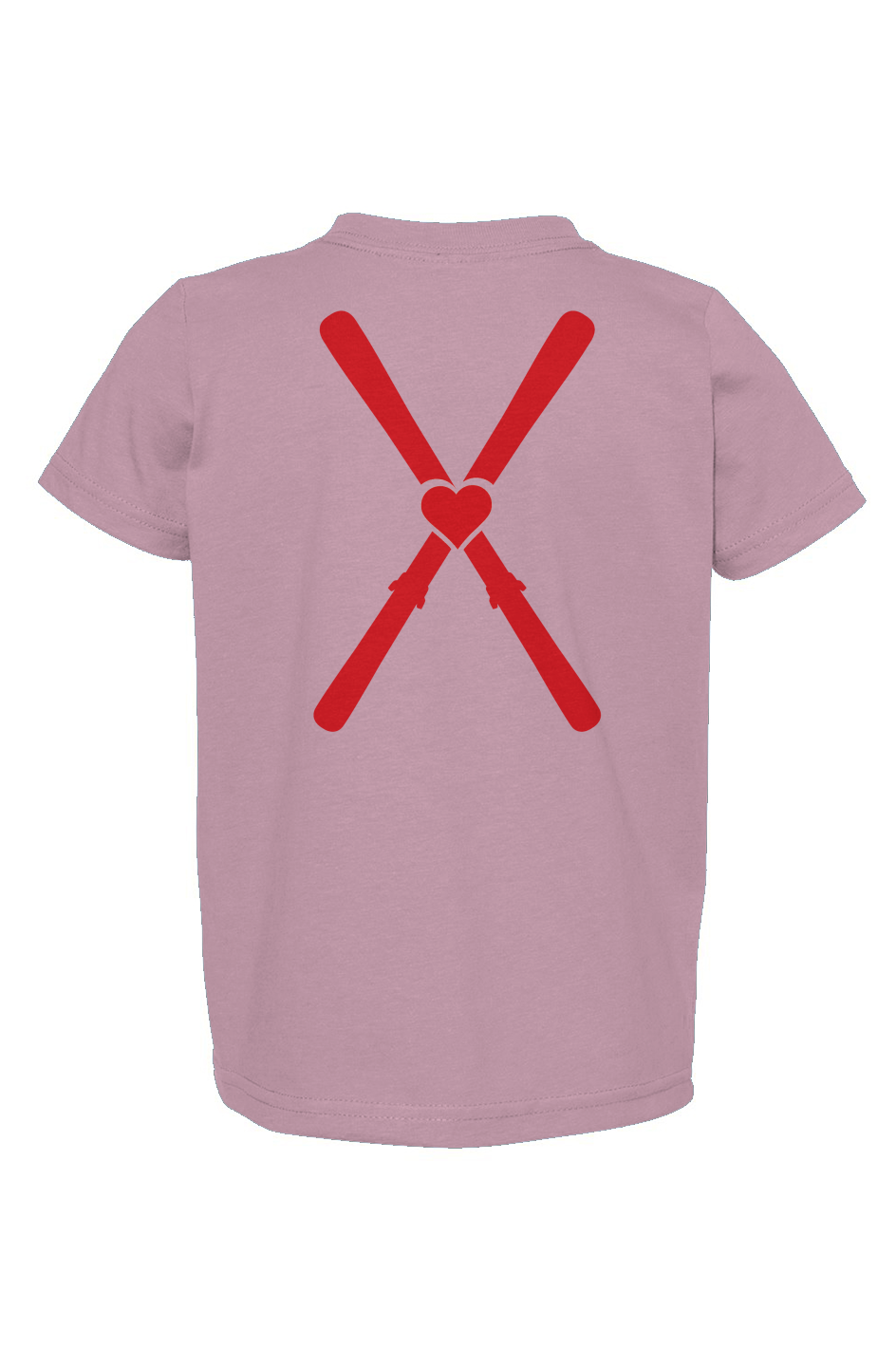 Pink t-shirt with red design on the back against a white background