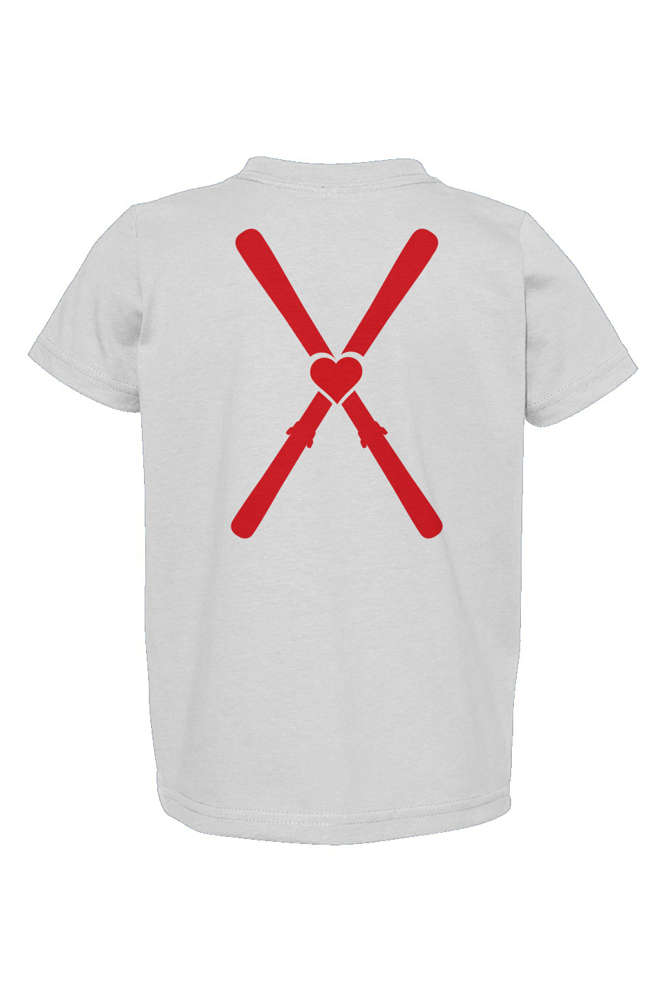 White t-shirt with red graphic design on a white background