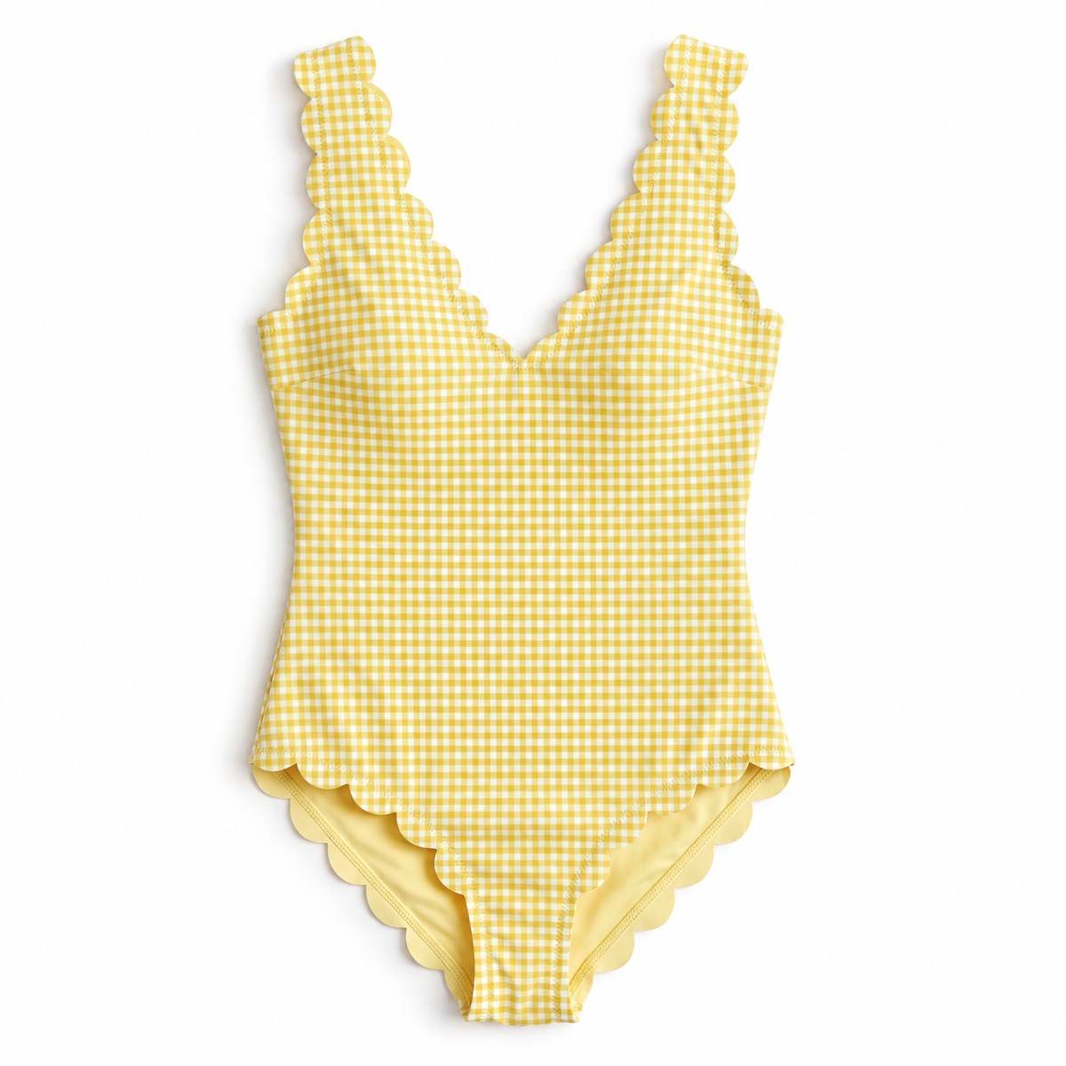 A yellow and white gingham one-piece swimsuit with scalloped shoulder straps and leg hems, displayed flat against a white background.