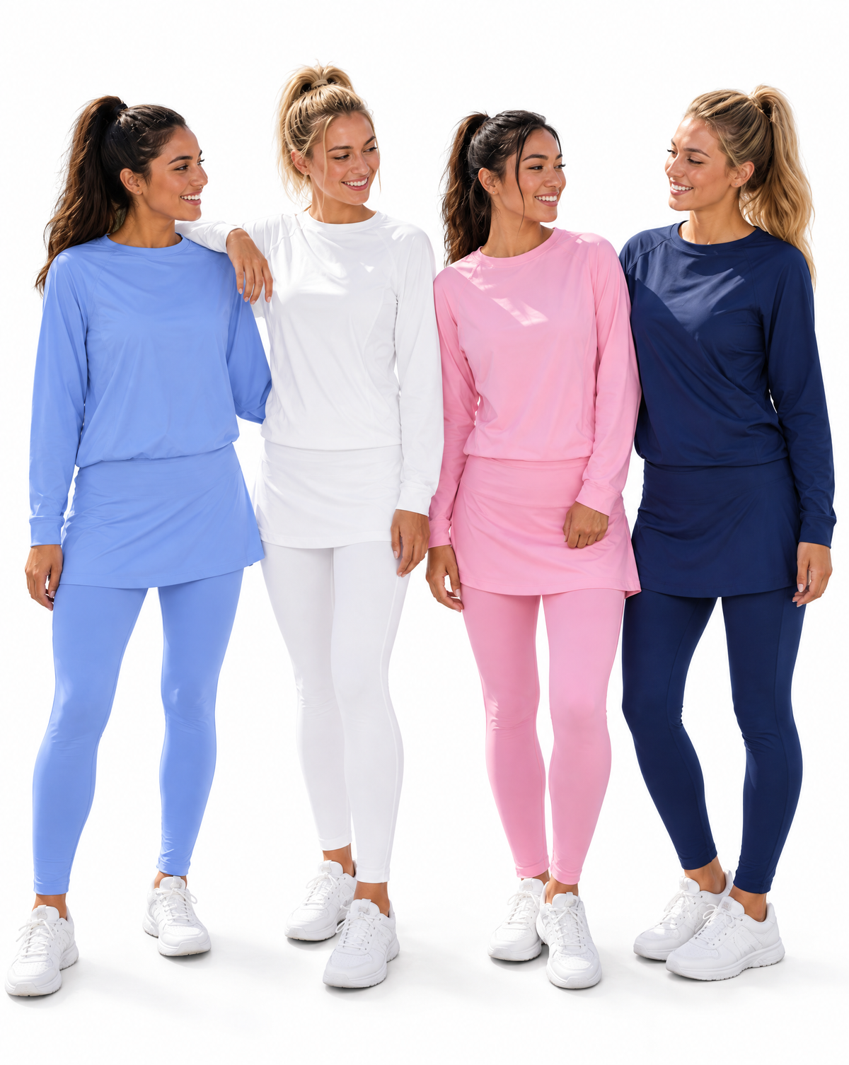 Four women modeling matching athletic tennis sets in light blue, white, pink, and navy, standing together against a plain white background.