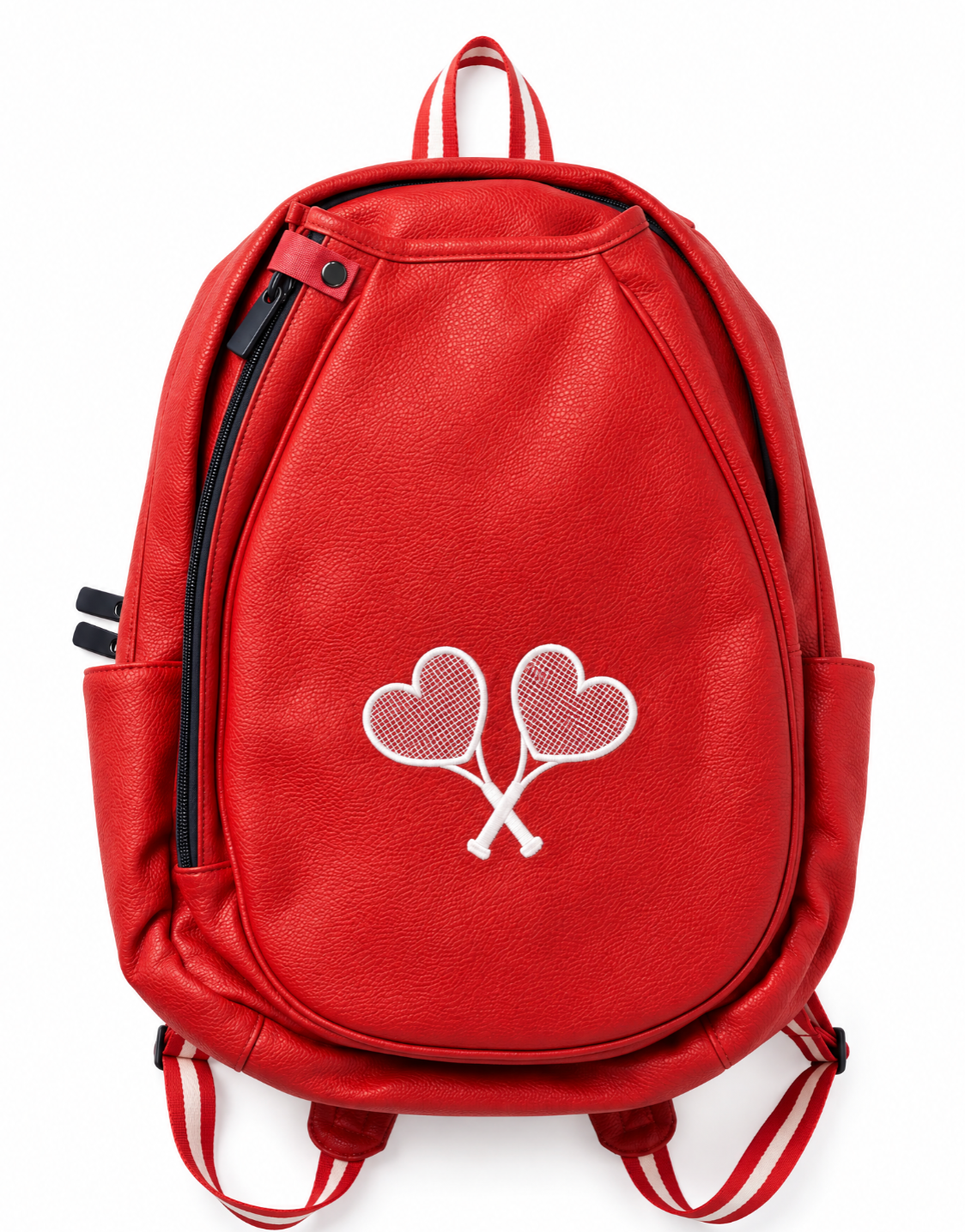 A red faux-leather backpack with a white embroidered design of two hearts connected by crossed tennis rackets on the front, shown against a plain white background.