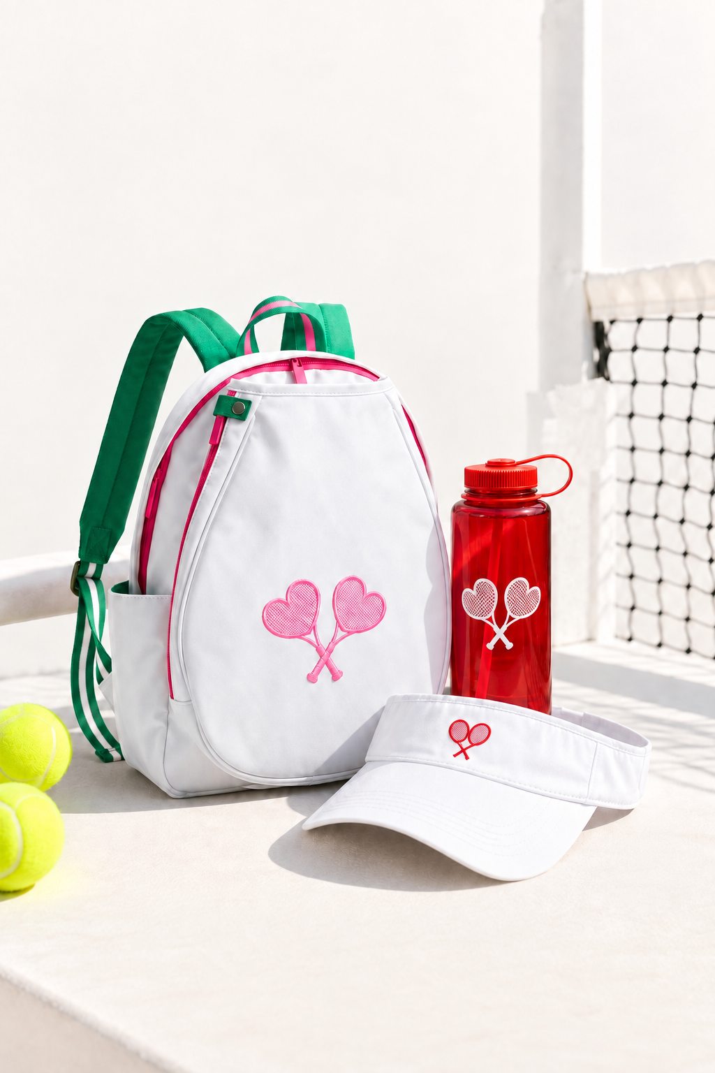 A white tennis backpack with green and pink straps, a red water bottle, and a white visor, all featuring a pink heart-and-racquet embroidered design, arranged on a sunlit outdoor surface with tennis balls and a net in the background.