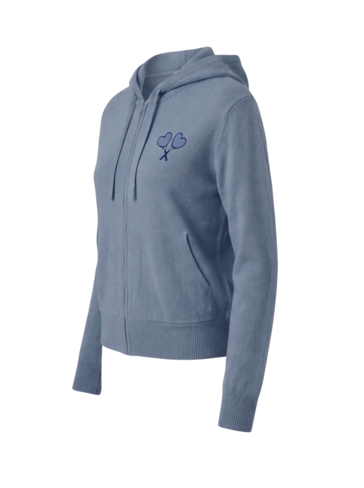Blue hoodie with a logo on the chest against a white background