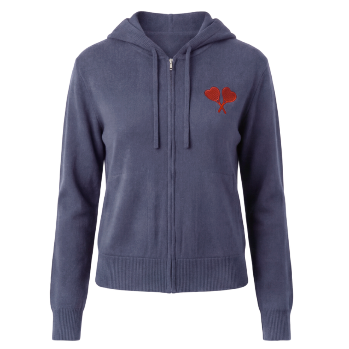 Blue hoodie with a red logo on a white background
