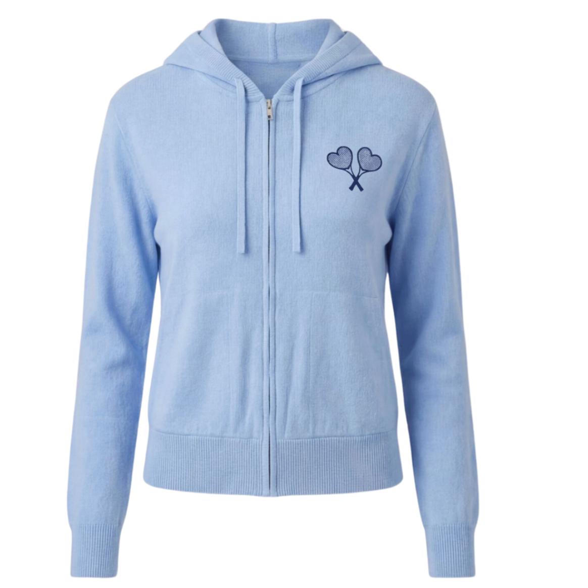 Light blue hoodie with a heart and tennis racket design on a white background