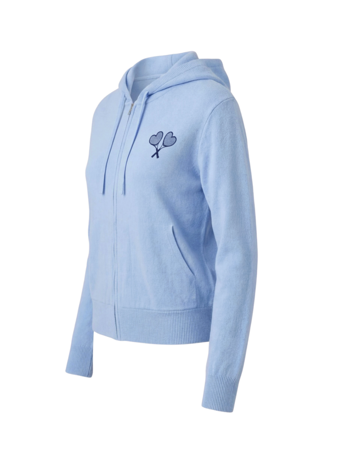 Light blue hoodie with a logo on the chest against a white background