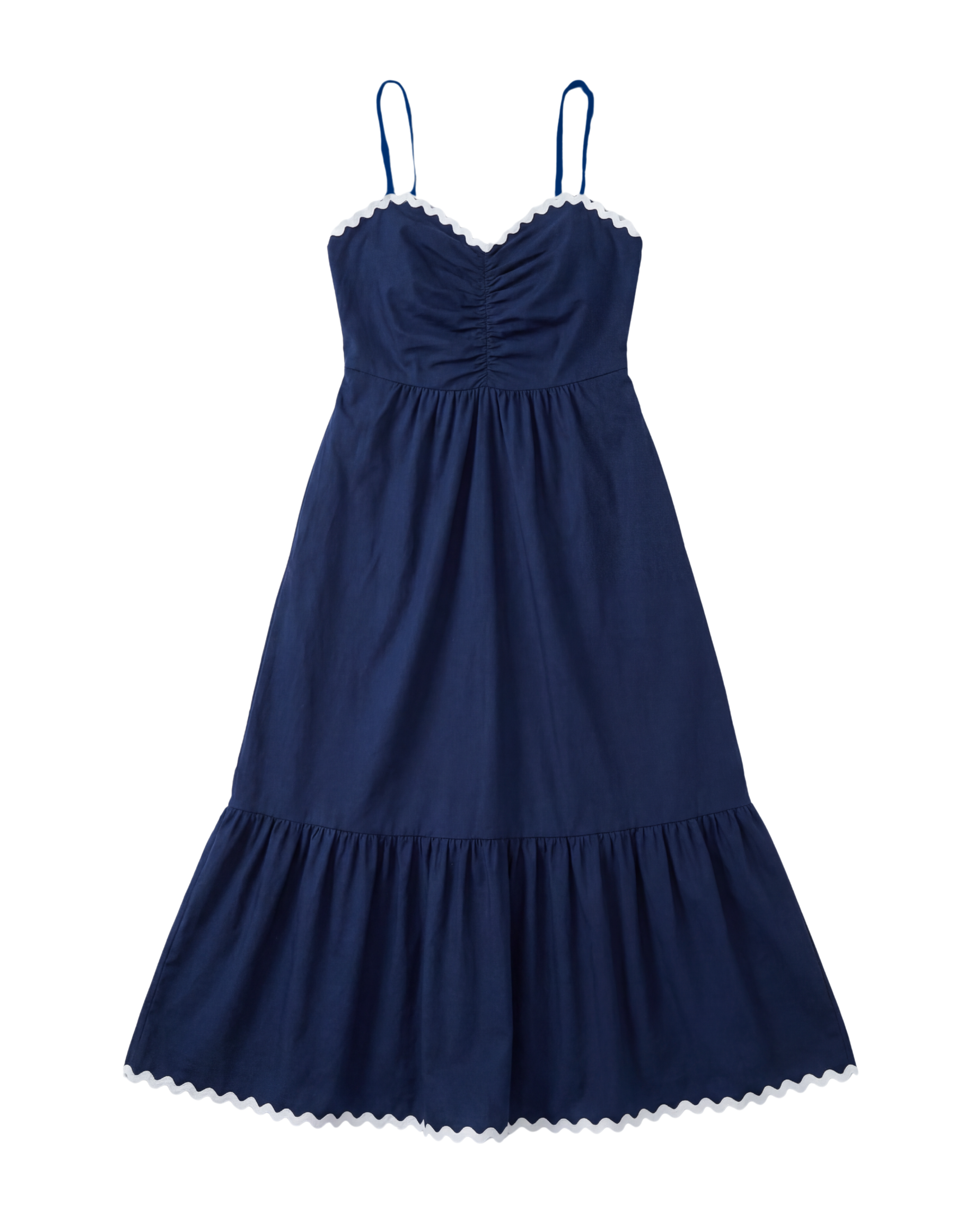 Navy blue dress with thin straps on a white background