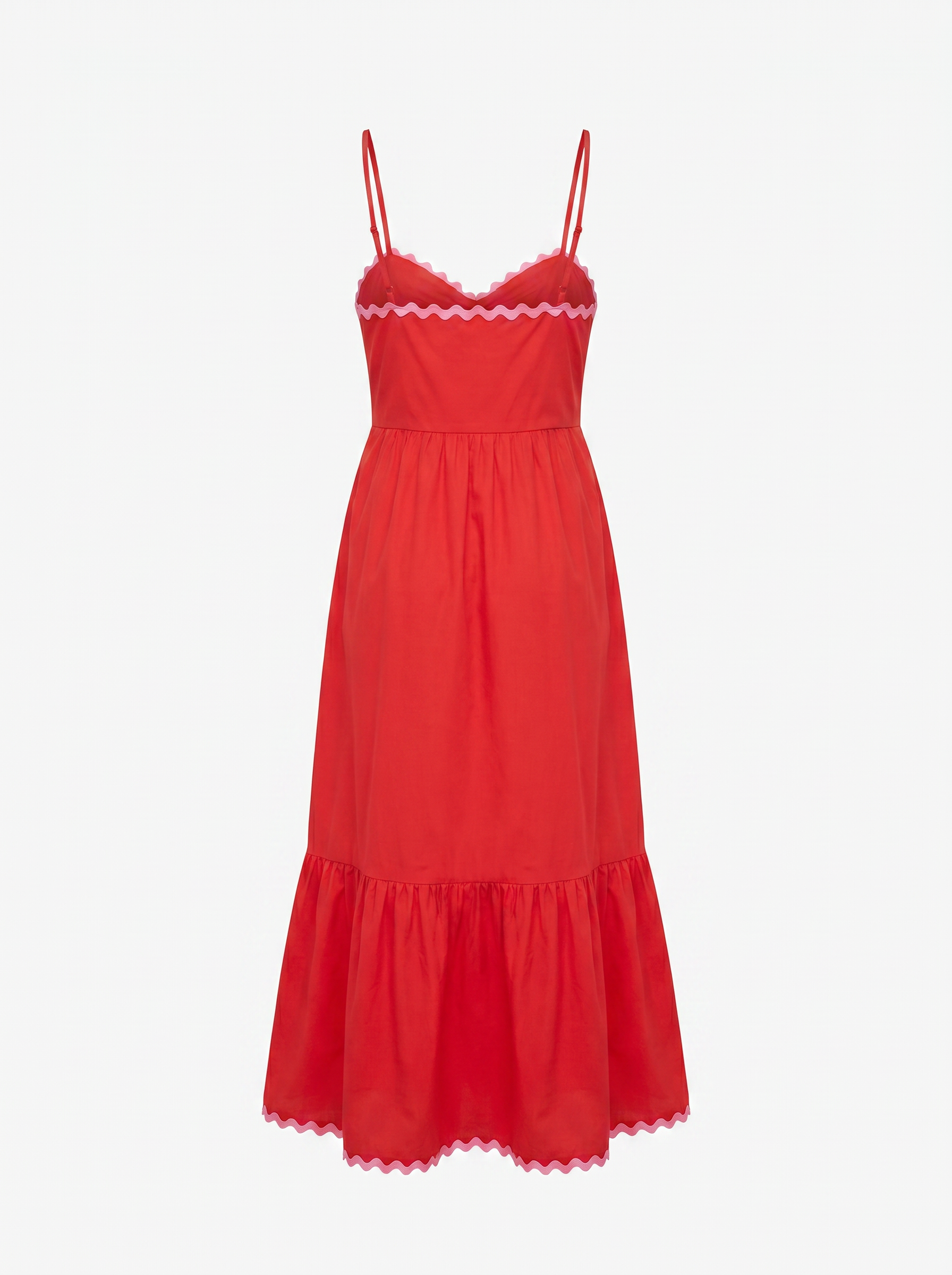 A red spaghetti-strap midi dress with a tiered skirt and delicate white lace trim at the bust and hem, shown against a plain white background.