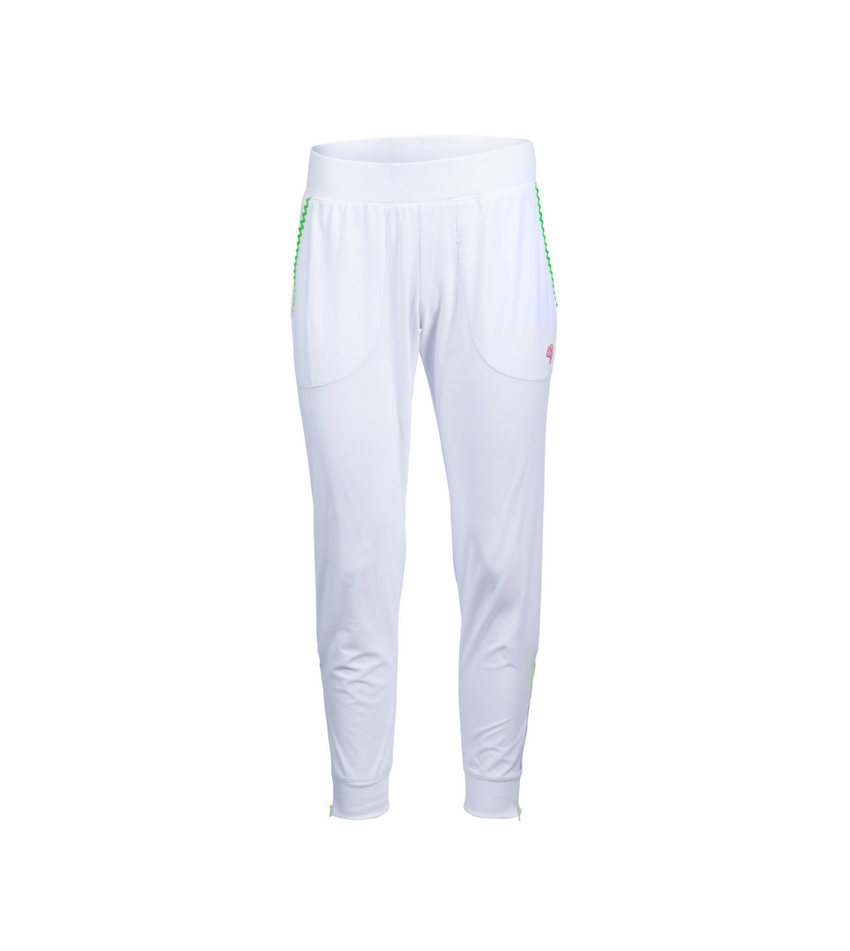 White pants with green accents on a white background