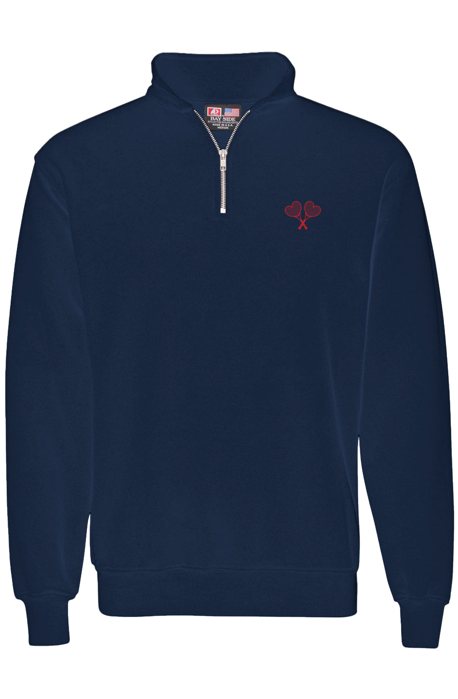 Navy blue quarter zip pullover with a small red logo on the chest and a cadet collar.