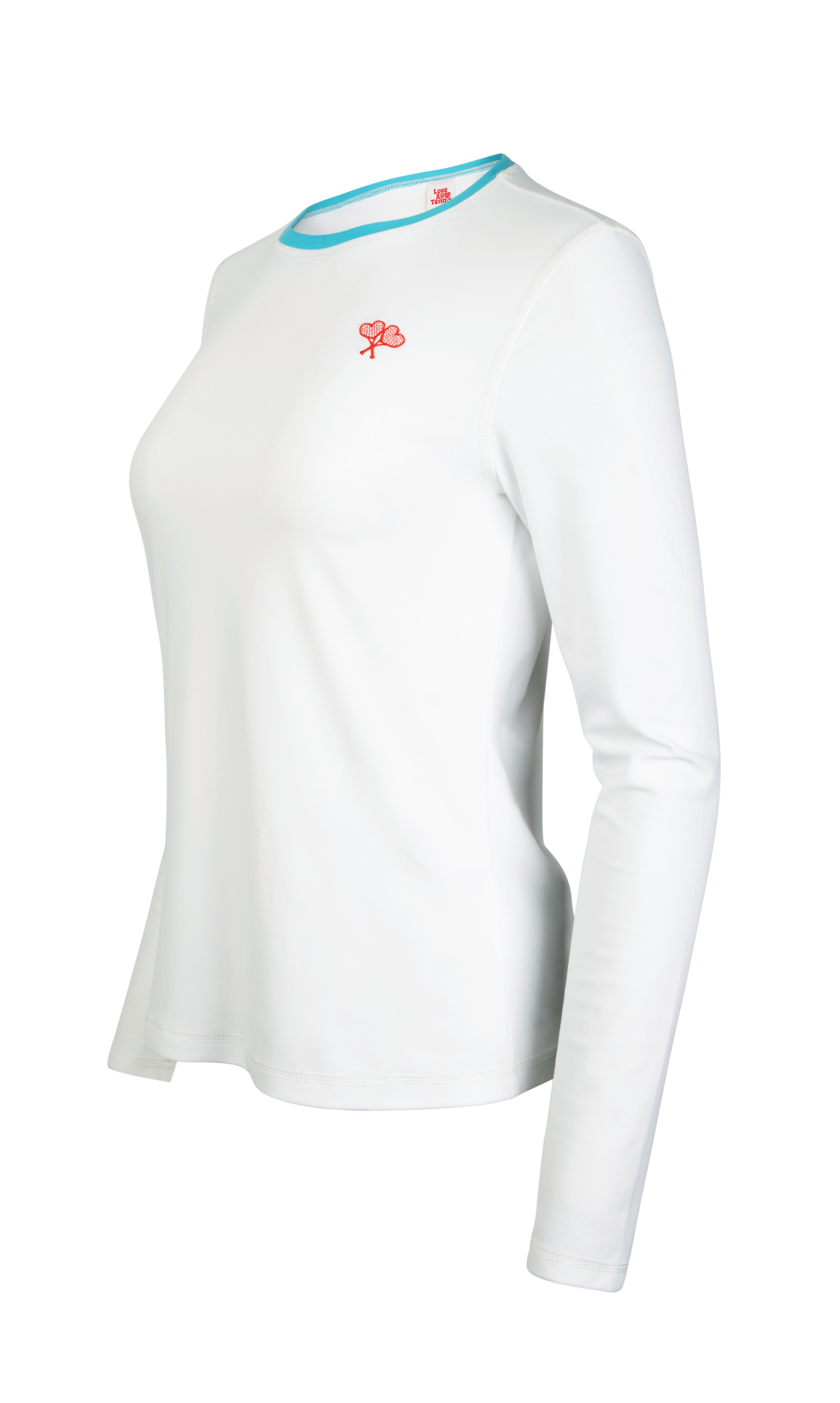 White long-sleeve shirt with a small logo on a white background