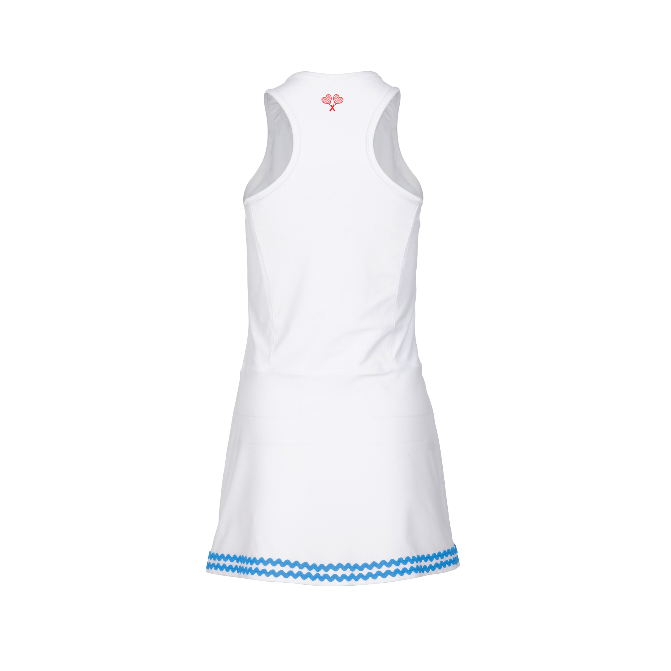 White dress with blue trim on a white background