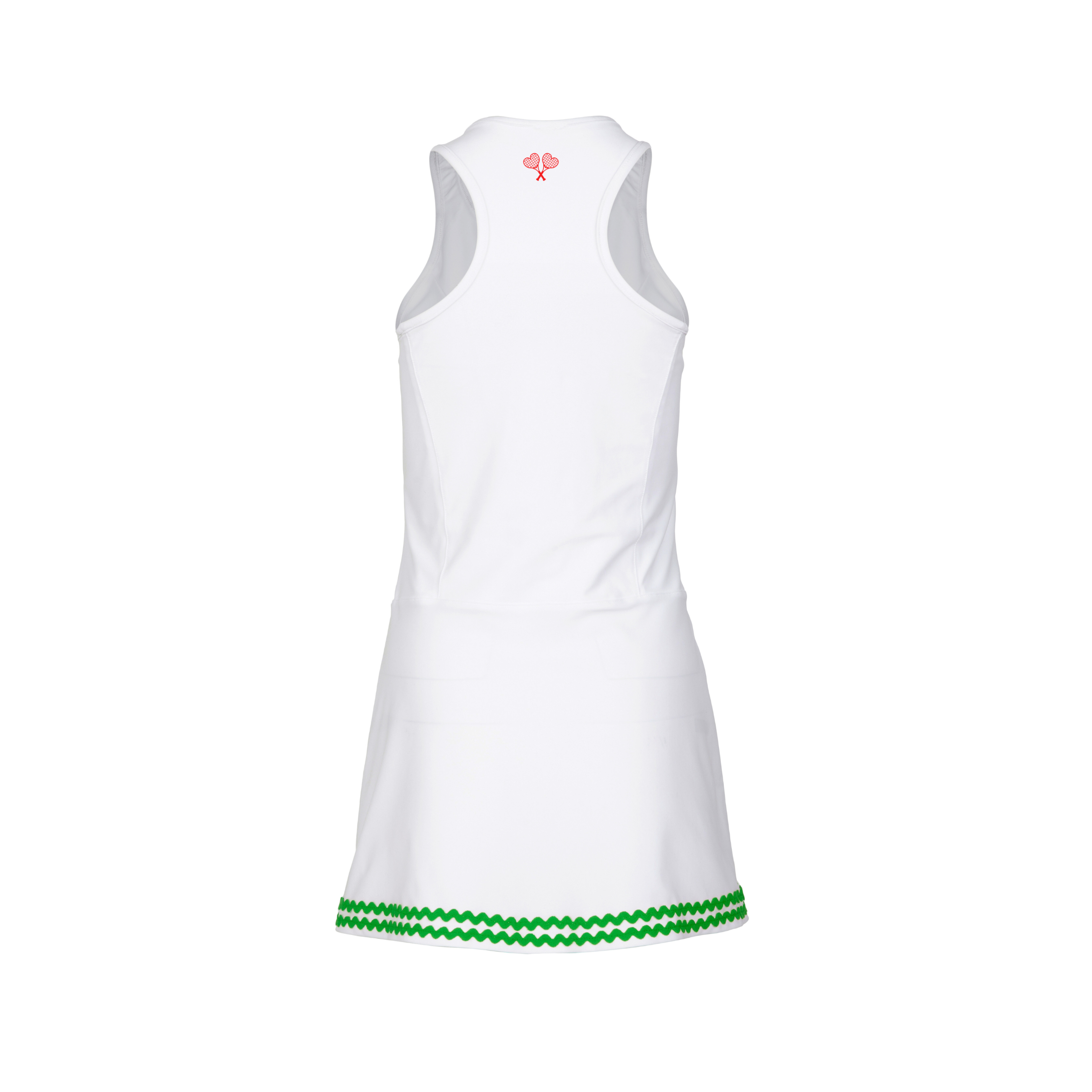 White dress with green trim on a white background