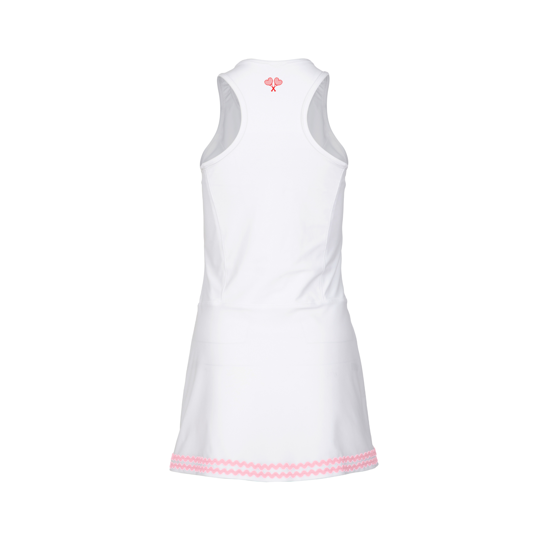 White sleeveless dress with pink trim on a white background