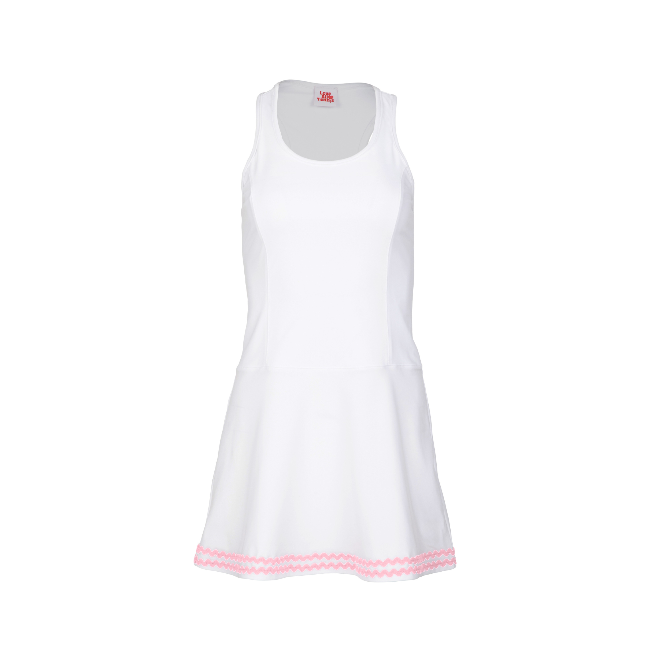 White dress with pink trim on a white background