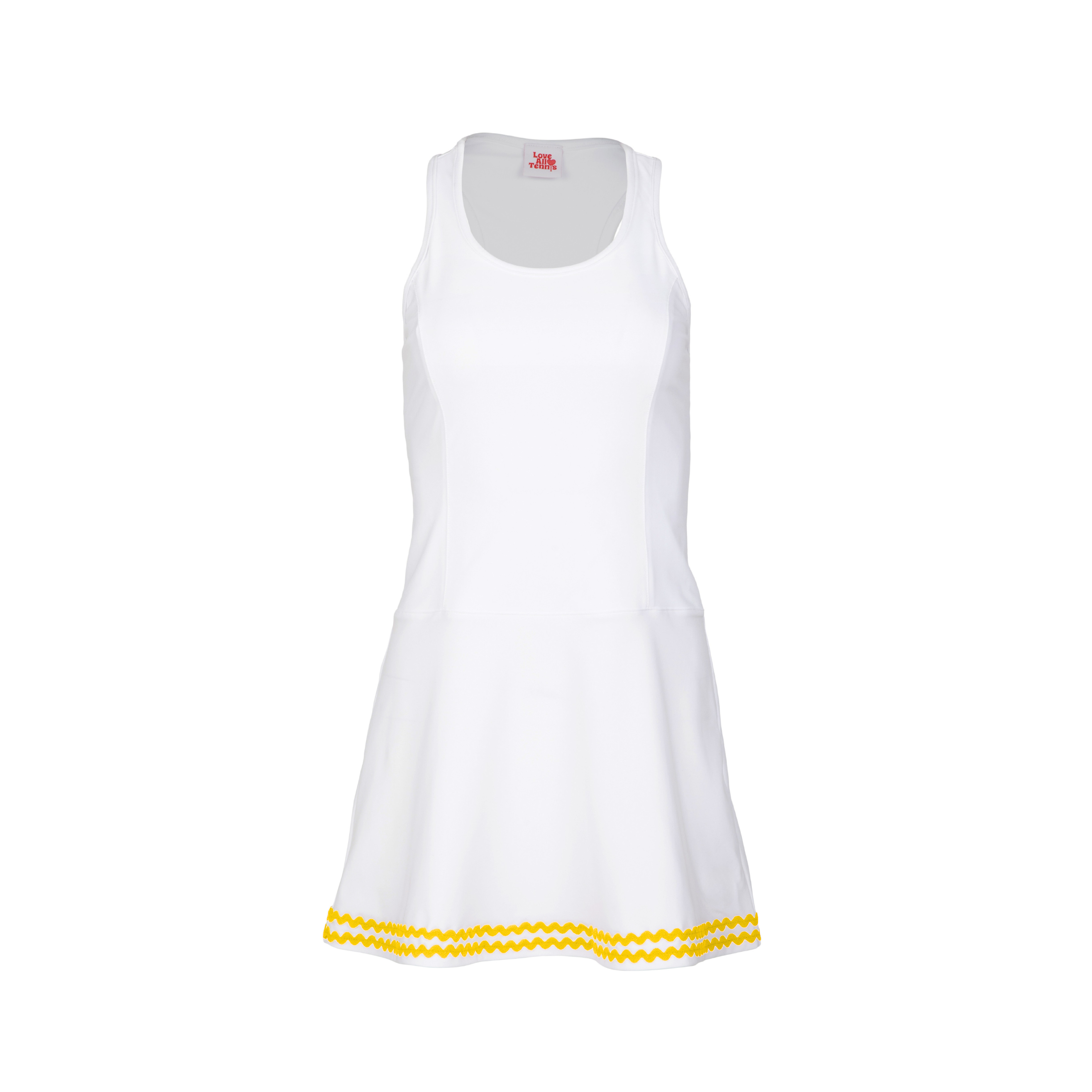 White dress with yellow trim on a white background