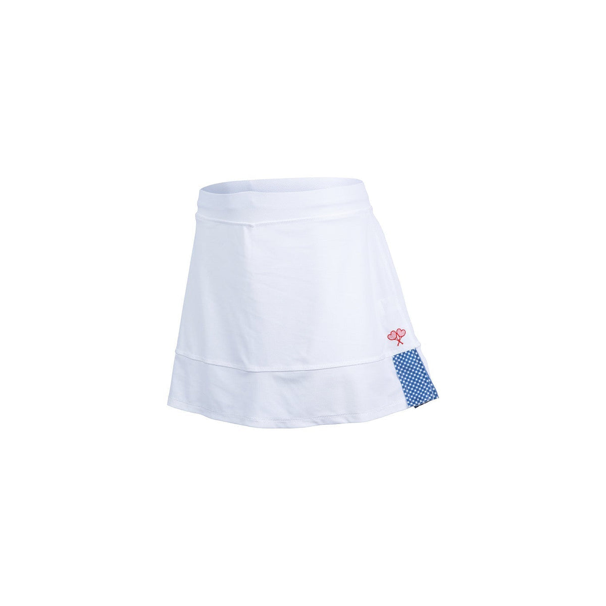 White athletic skort with blue gingham detailing on flat white background