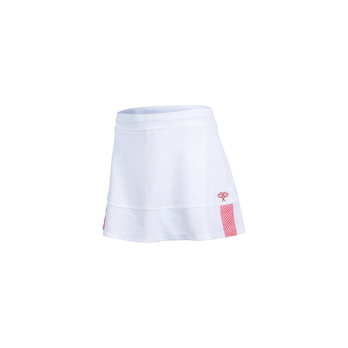 White athletic tennis skirt with pink gingham detailing on flat white background