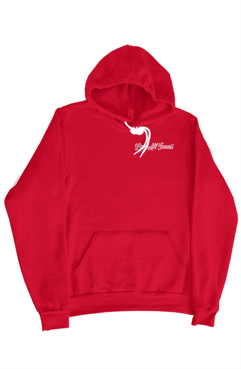 Red hoodie with a white logo on a white background