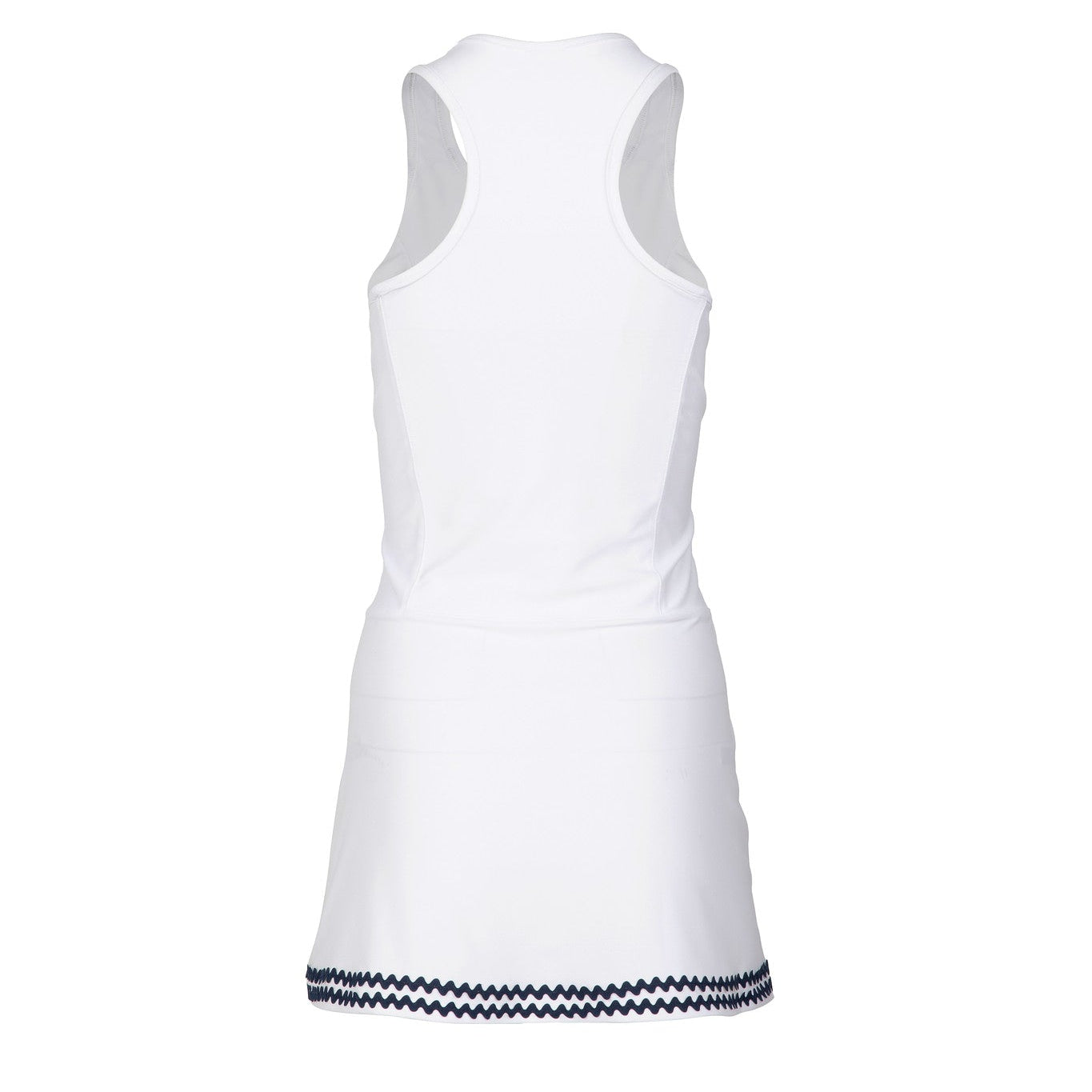 White sleeveless dress with navy trim on a white background