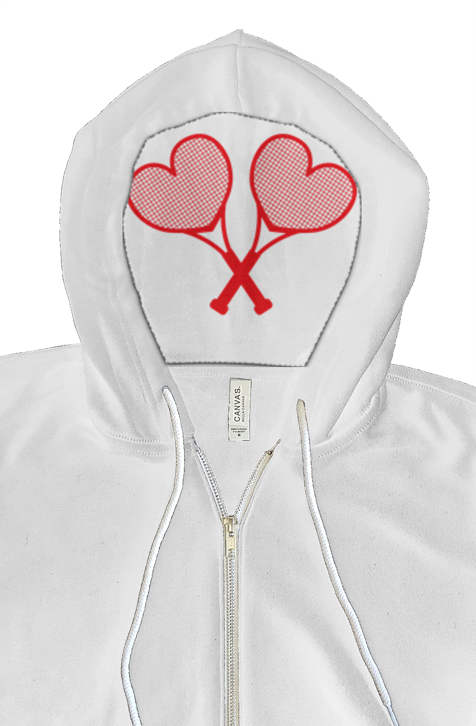 White hoodie with red heart-shaped tennis rackets on the hood against a white background