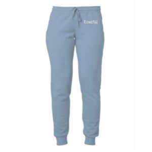 Light blue sweatpants with a brand logo on a white background