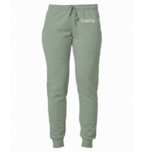 A pair of sage green sweatpants with a drawstring waist and the word 'LoveAll' printed in white on the left hip, shown against a plain white background.