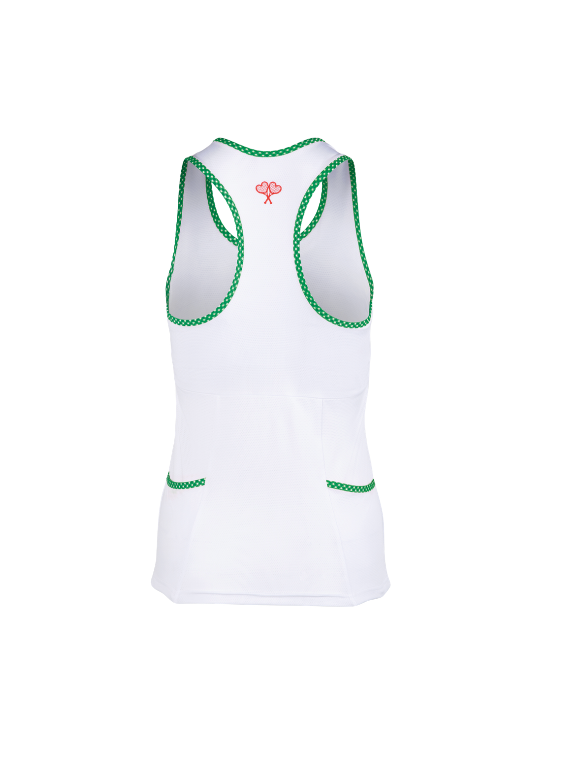 White tank top with green trim on a white background
