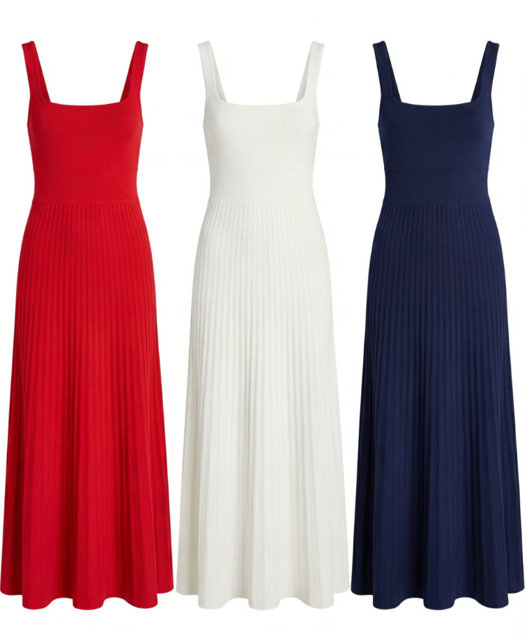 Three long dresses in red, white, and blue on a white background