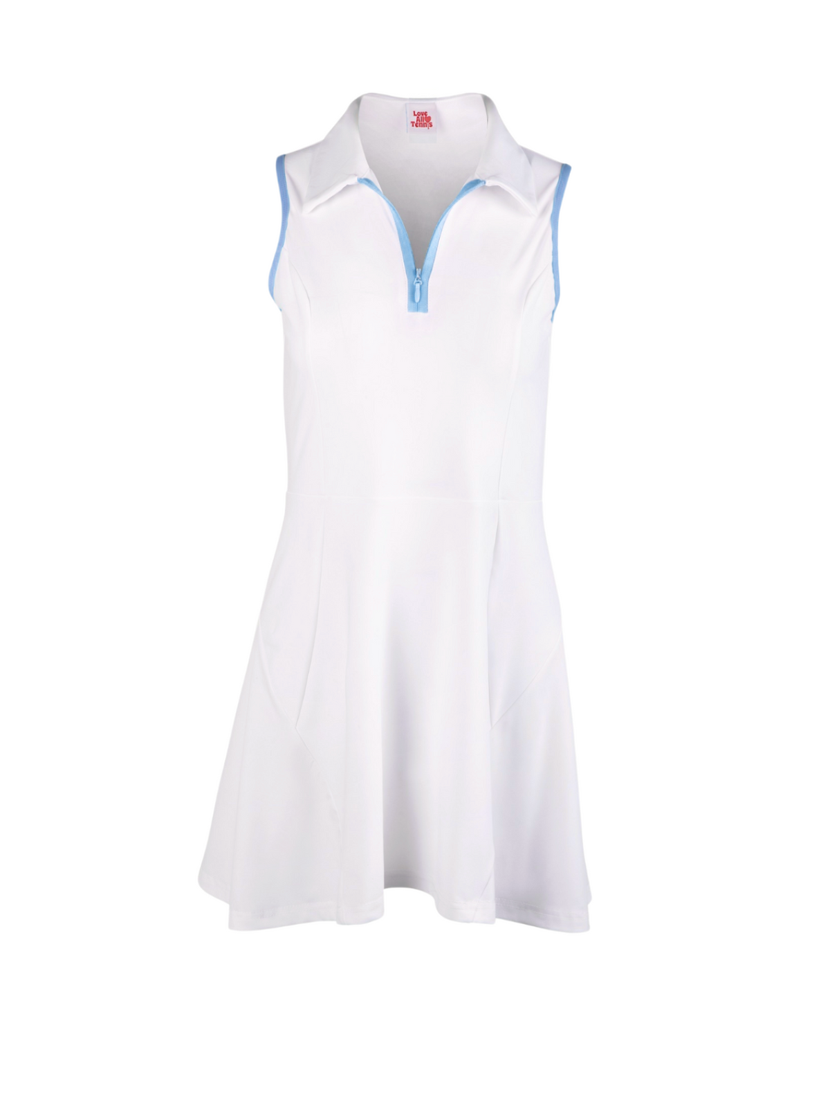 White sleeveless dress with blue trim on a white background